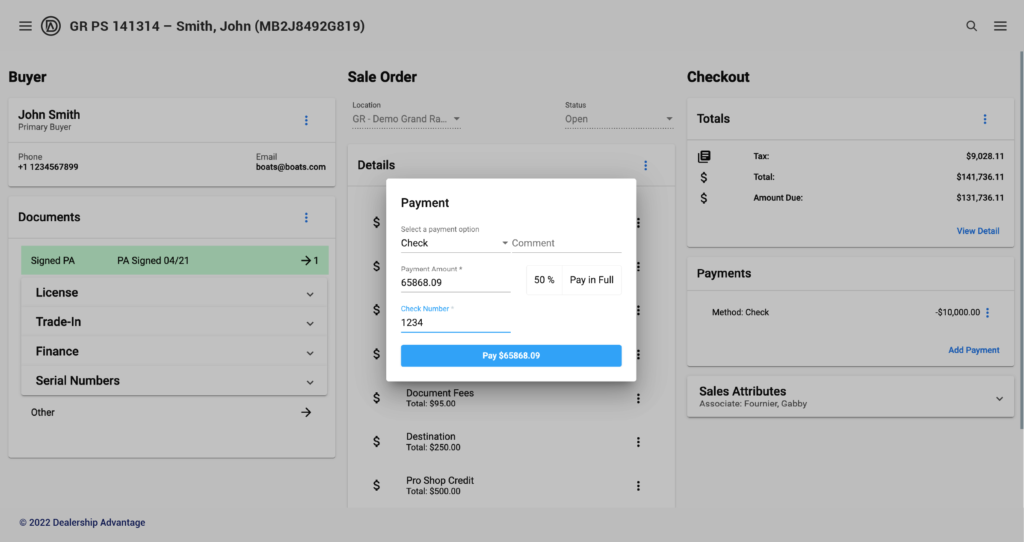 Screenshot of DA interface showing payment fields